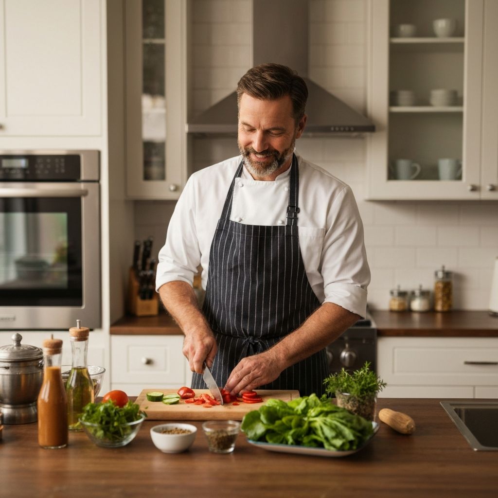 Man cooking fresh vegetables actively in kitchen