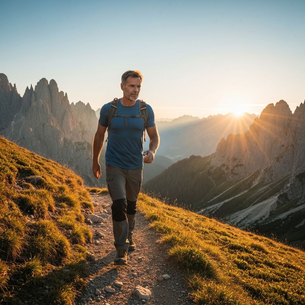 Mature man hiking actively on mountain trail